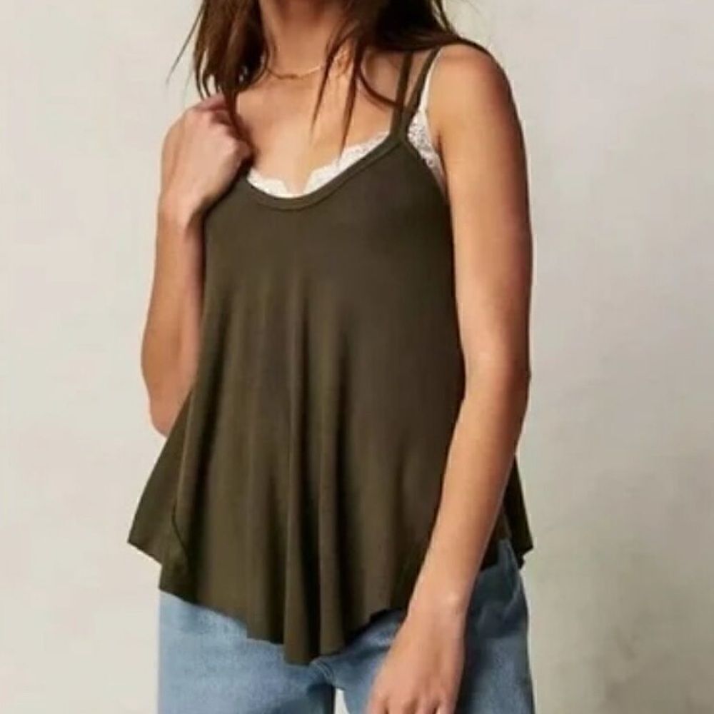 NWOT Free People Rock your world Tank Olive Green Flowy Strappy XS Viscose Relax